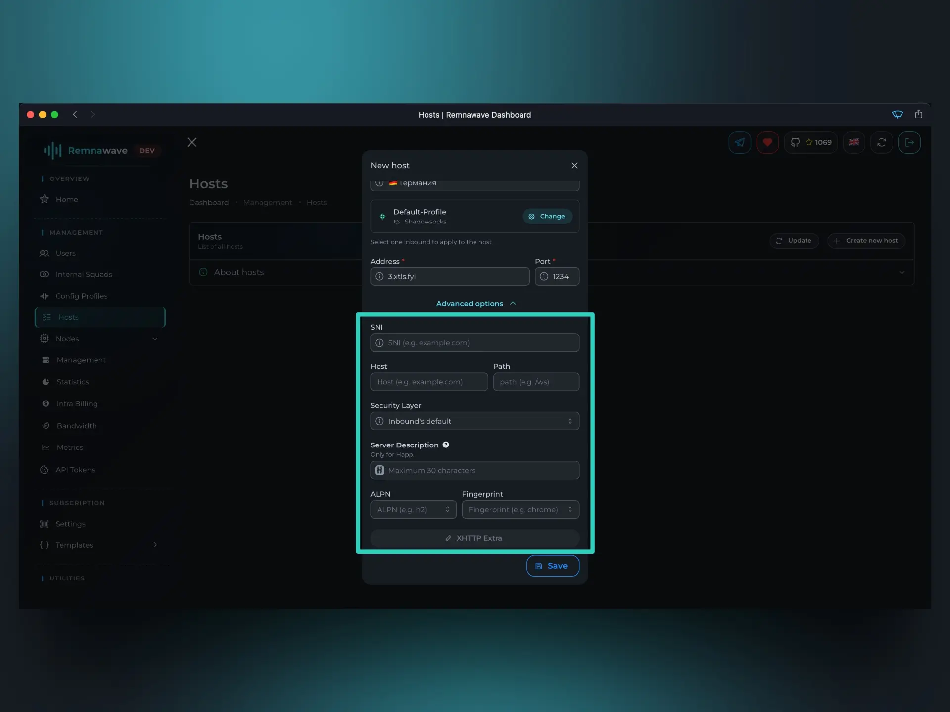 Host advanced options